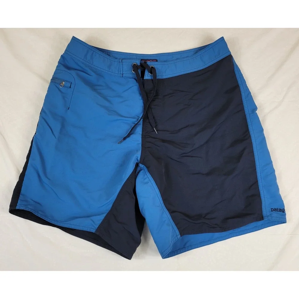 Patagonia Mens 35 Board Shorts Blue Colorblock Swim Trunks Nylon‎ Lace Up Fly